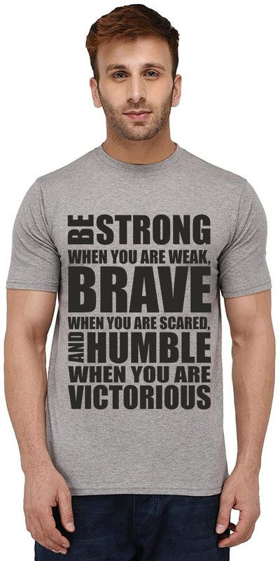 Strong Brave And Humble Pattern Men Printed Round Neck Pure Cotton Grey T-Shirt