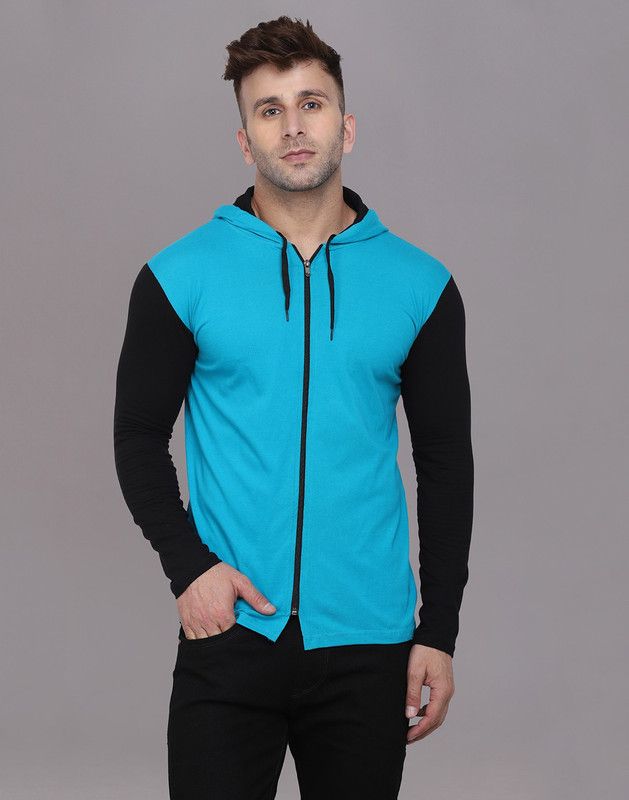 Faizan Men Solid Hooded Neck Cotton Blend Light Blue T-Shirt