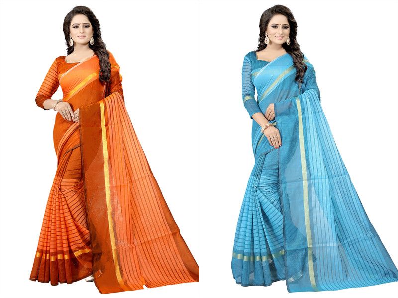 Striped, Checkered Daily Wear Cotton Silk Saree  (Pack of 2, Blue, Orange)
