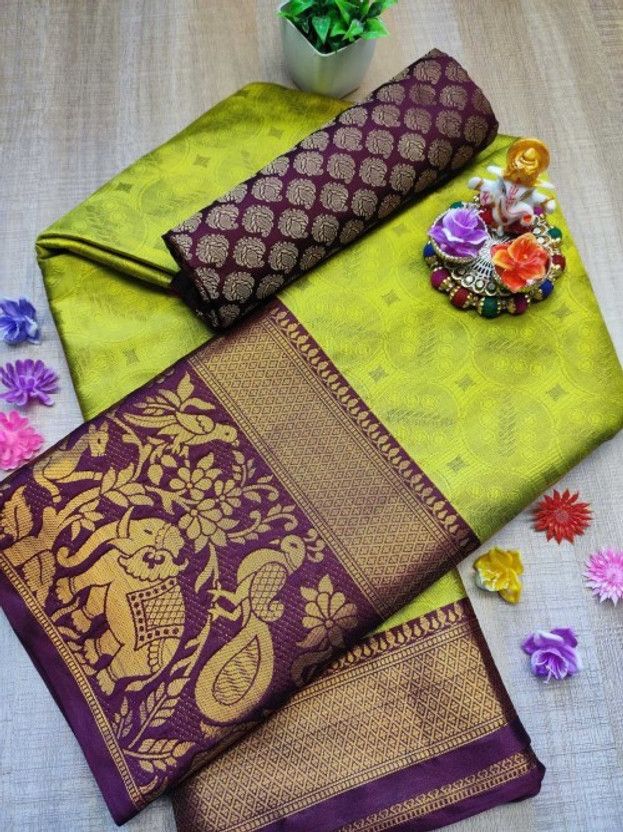 Printed, Paisley, Color Block, Temple Border, Striped, Woven, Applique, Solid/Plain, Checkered Dharmavaram Mulberry Silk, Art Silk Saree  (Maroon, Mustard)