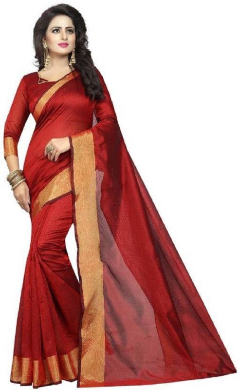 Color Block Assam Silk Cotton Blend Saree  (Maroon)