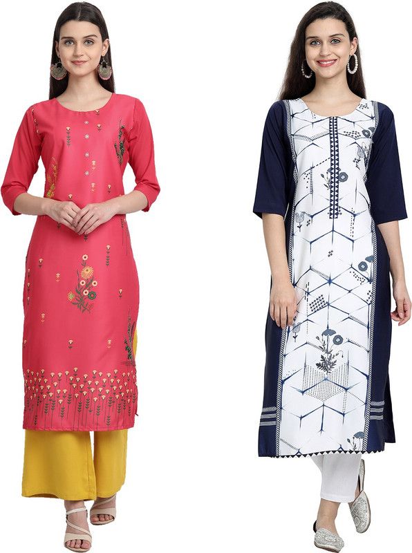 Women Printed Kurta  (Pink, Blue)