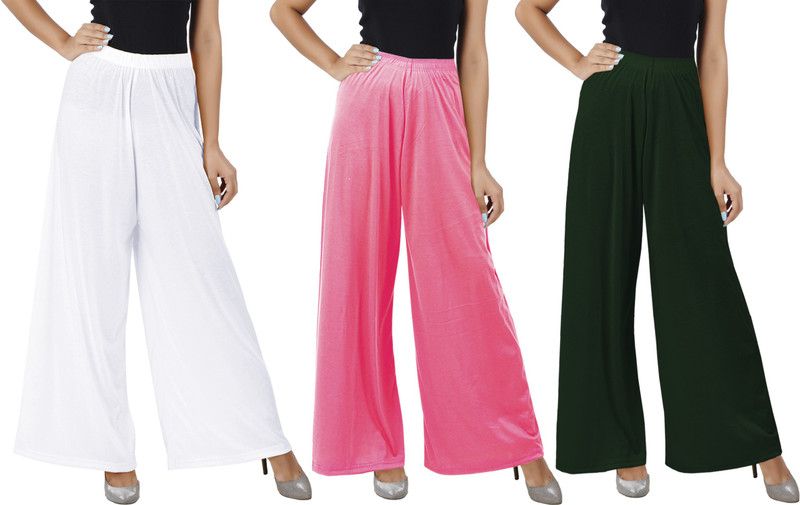 Pack of 3 Women Flared White, Pink, Green Cotton Blend Trousers