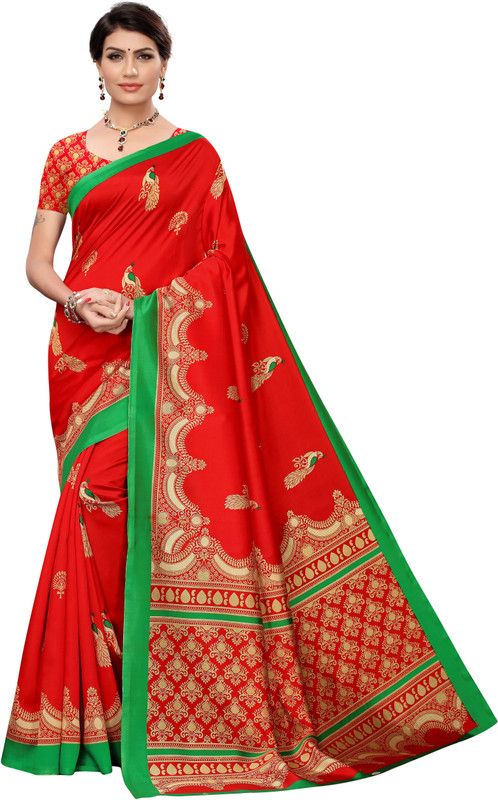 Floral Print Bollywood Chanderi Saree  (Red)