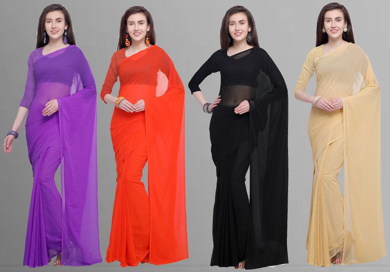 Solid/Plain Bollywood Chiffon Saree  (Pack of 4, Purple, Black, Orange, Beige)