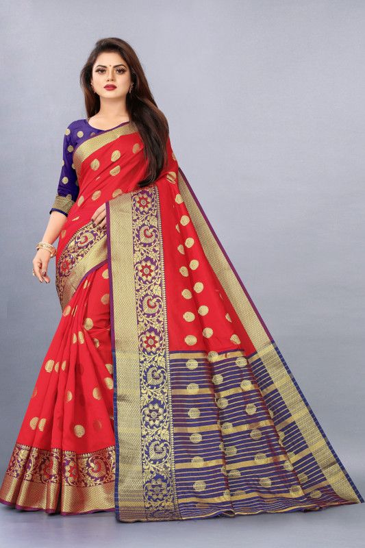 Embellished Maheshwari Jacquard, Cotton Silk Saree  (Red)