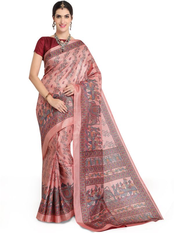Printed Bollywood Silk Blend, Cotton Blend Saree  (Maroon, Pink)