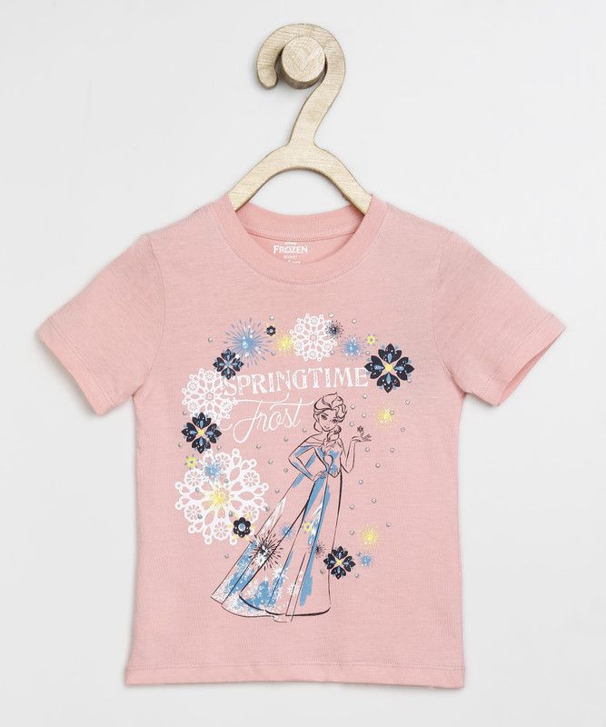 Frozen Girls Printed Pure Cotton T Shirt  (Pink, Pack of 1)