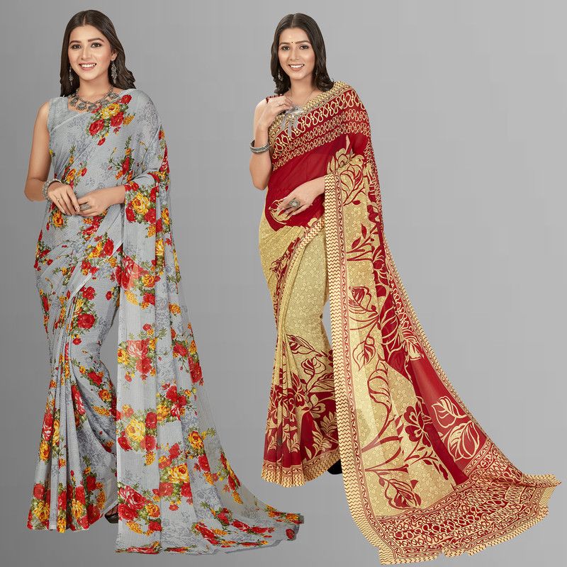 Floral Print, Ombre, Paisley, Striped, Geometric Print Daily Wear Georgette Saree  (Pack of 2, Grey, Red, Beige)