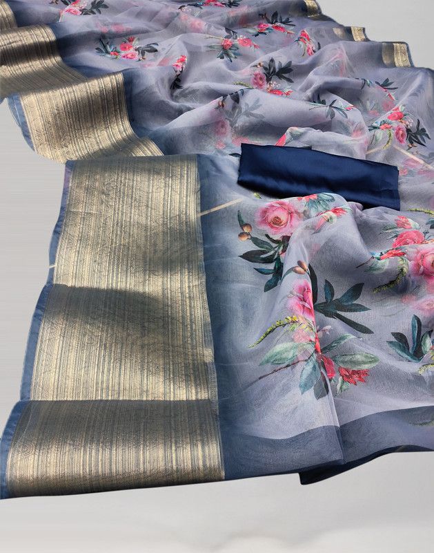 Striped, Self Design, Woven, Embellished Fashion Organza Saree  (Grey)