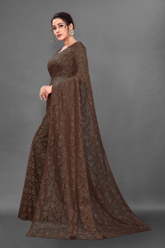 Self Design Handloom Net Saree  (Brown)
