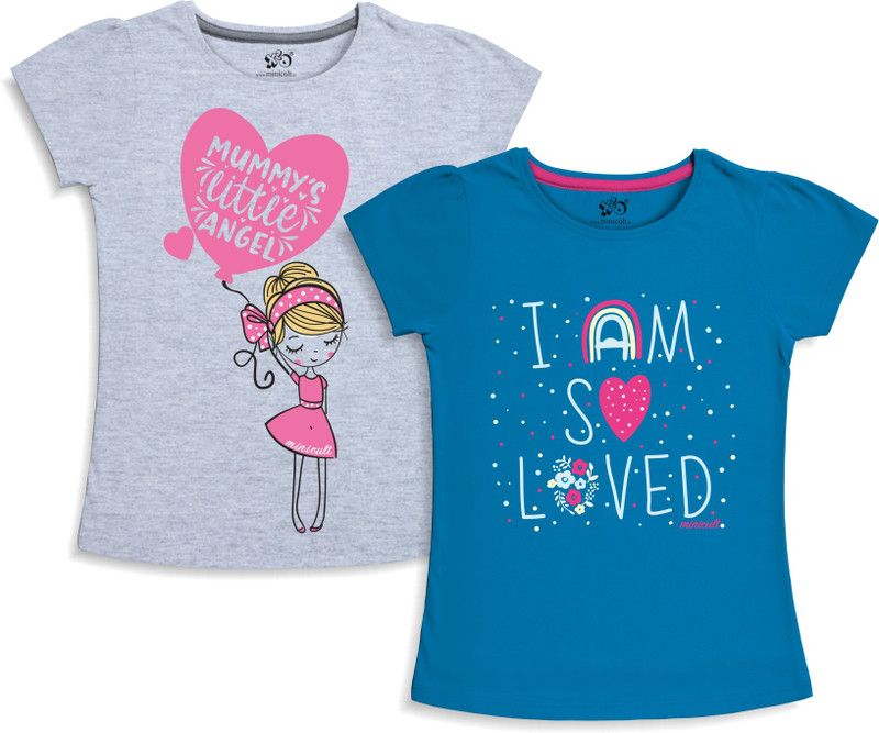 Girls Graphic Print Cotton Blend T Shirt  (Dark Green, Pack of 2)