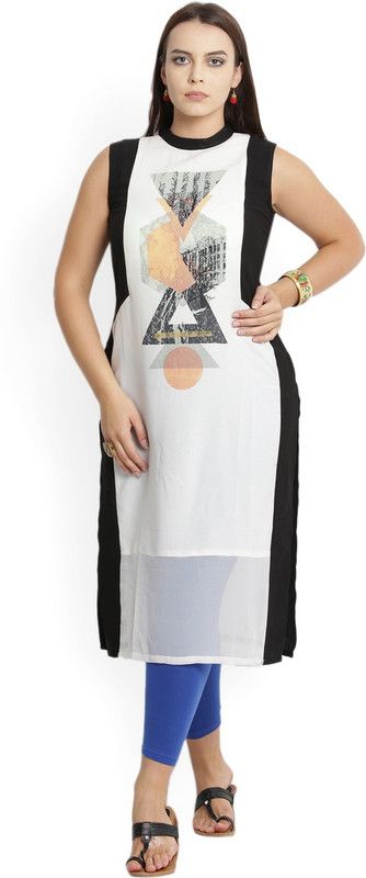 Women Printed Viscose Rayon Straight Kurta  (White, Black)