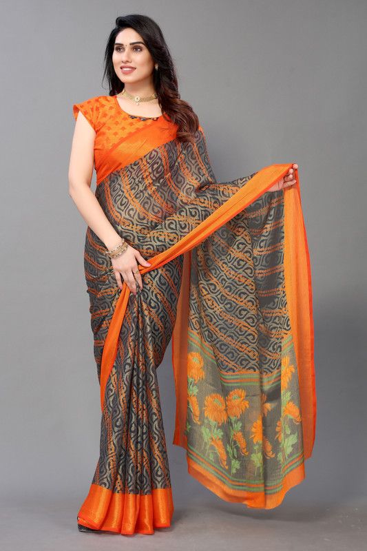 Bollywood Chiffon, Brasso Saree  (Orange, Grey)
