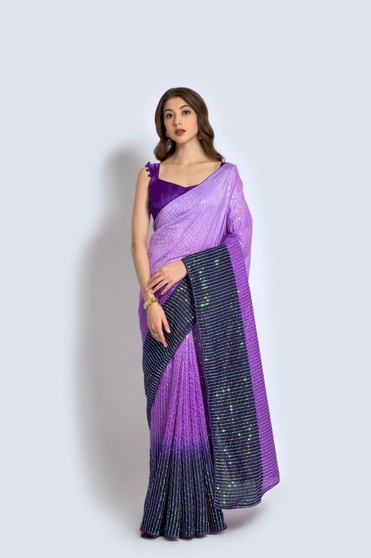 Embellished Bollywood Silk Blend Saree  (Purple, Pink)