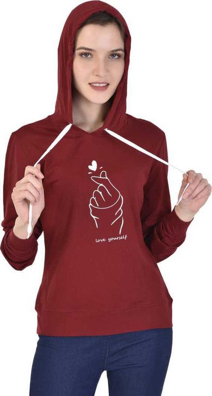 Women Typography Hooded Neck Cotton Blend Maroon T-Shirt