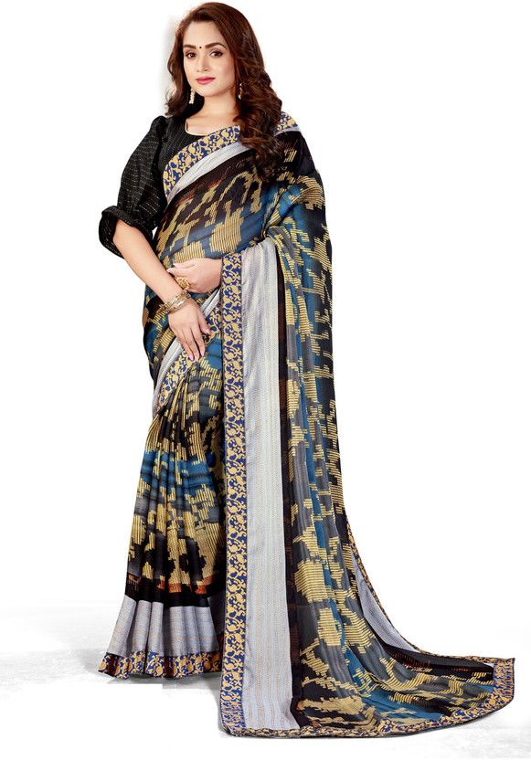 Printed Bollywood Chiffon Saree  (Blue, Black)