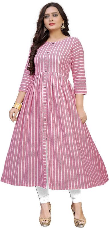 Women Striped Pure Cotton Frontslit Kurta  (Pink)