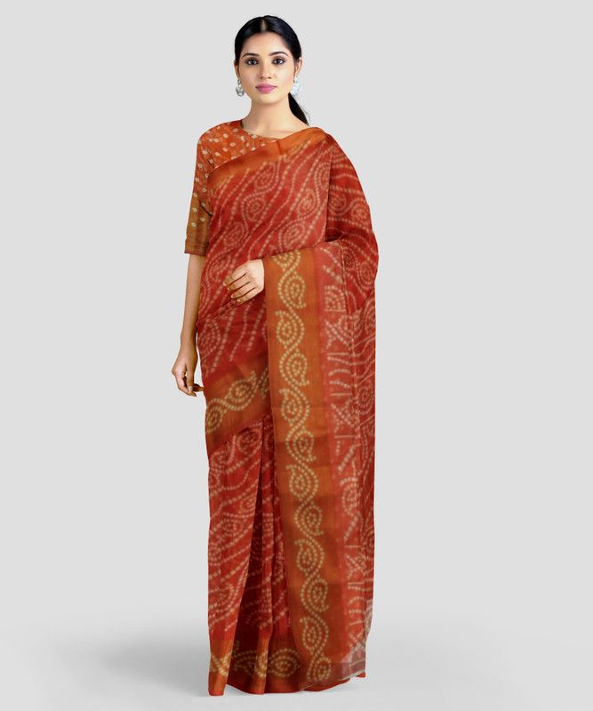 Printed Bandhani Cotton Jute Saree  (Orange)