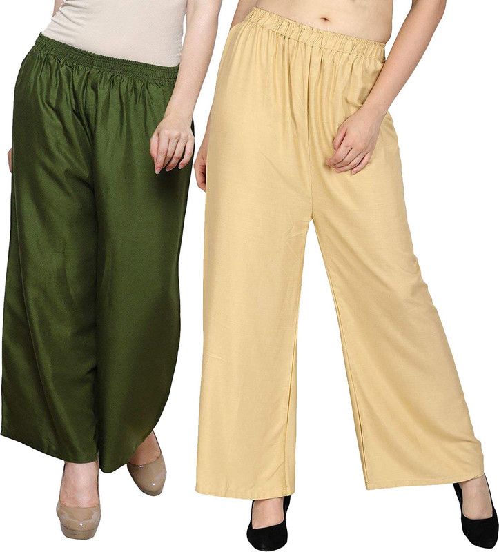 Pack of 2 Women Regular Fit Dark Green, Beige Viscose Rayon Trousers