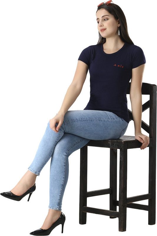 Anic Women Round Neck Solid Pattern Navy Color Tshirt Women Solid Round Neck Cotton Blend Navy Blue T-Shirt
