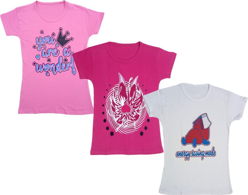 Girls Printed Cotton Blend T Shirt  (Multicolor, Pack of 3)