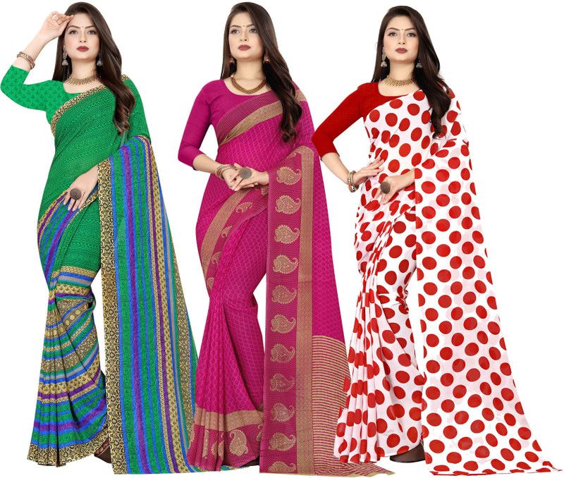 Printed Daily Wear Georgette Saree  (Pack of 3, Red, Green, Pink)