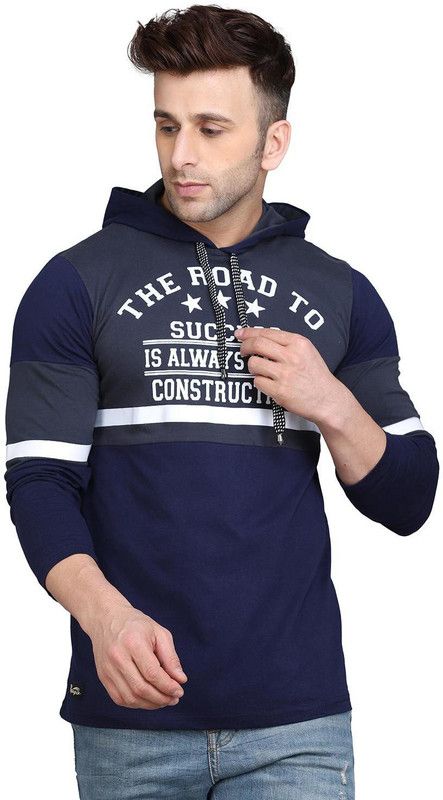 Men Printed Hooded Neck Cotton Blend Dark Blue T-Shirt