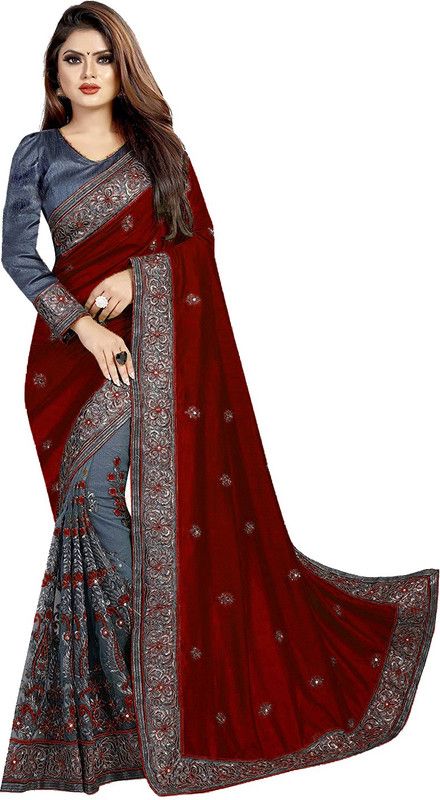 Embroidered Bollywood Silk Blend Saree  (Maroon, Grey)