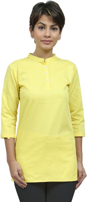 Women Self Design Pure Cotton Straight Kurta  (Yellow)