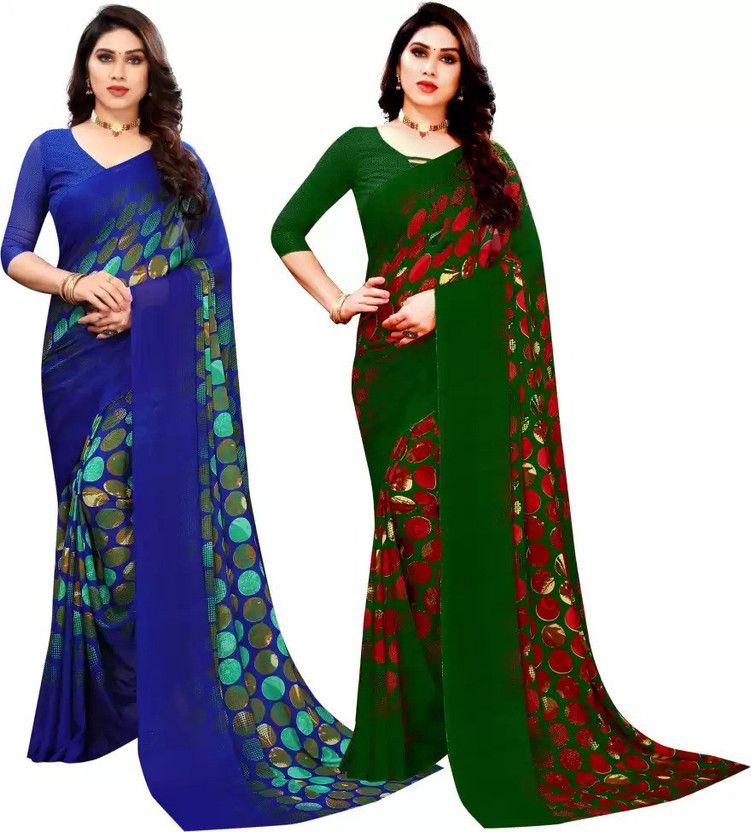 Printed Daily Wear Georgette Saree  (Pack of 2, Blue)