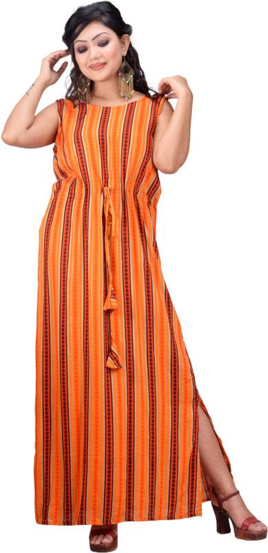 Striped Rayon Blend Stitched Straight Gown  (Orange)