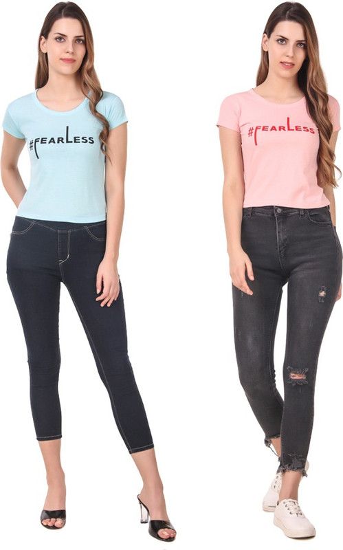 Pack of 2 Women Printed Round Neck Cotton Blend Light Blue, Pink T-Shirt
