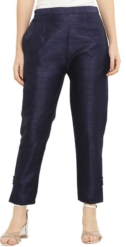 Women Slim Fit Dark Blue Cotton Silk Trousers