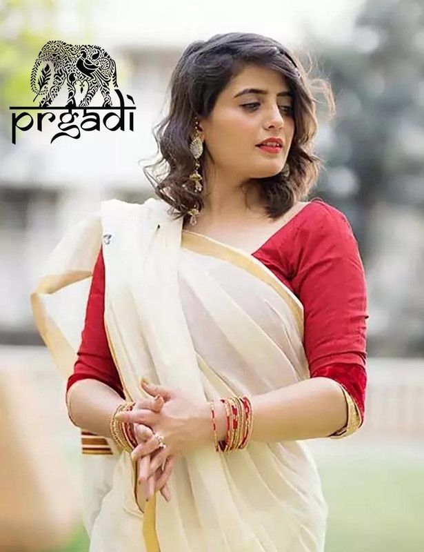Plain Kasavu Pure Cotton Saree  (White)