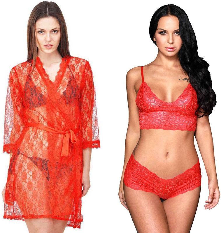 Pack of 3 Women Robe and Lingerie Set  (Red)