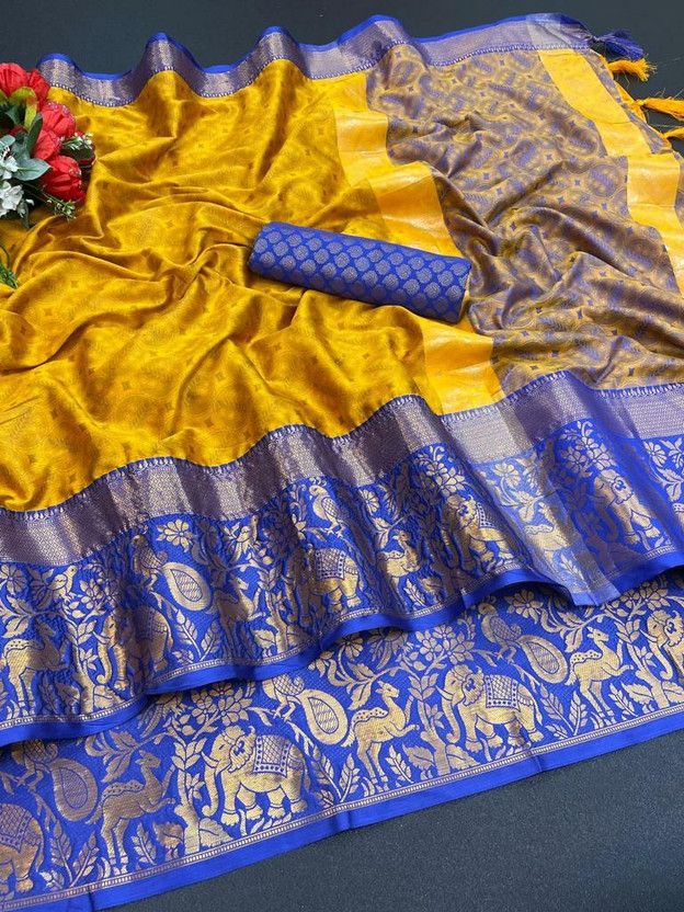 Woven Daily Wear Cotton Silk Saree  (Blue, Yellow)
