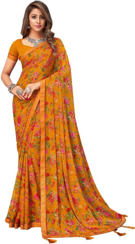 Floral Print Bollywood Chiffon Saree  (Yellow)