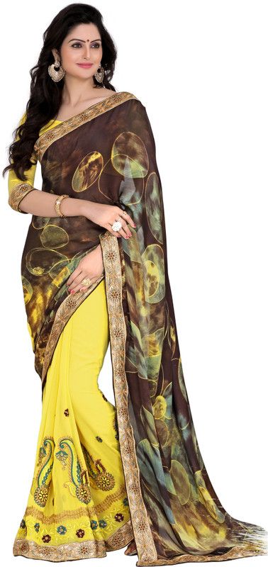Printed, Embroidered Bollywood Georgette, Satin Saree  (Brown, Yellow)