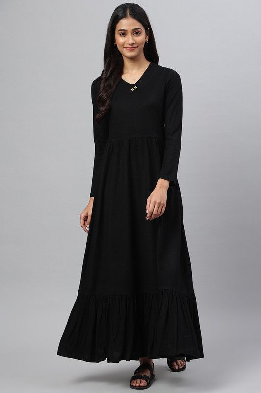 Women Solid Acrylic Blend A-line Kurta  (Black)