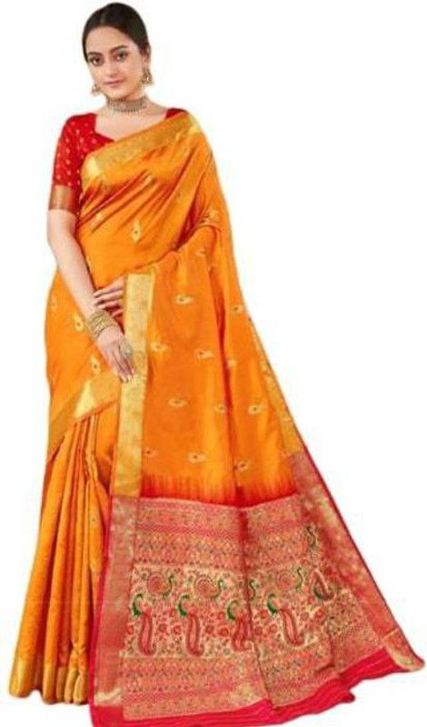 Woven Paithani Art Silk Saree  (Orange)