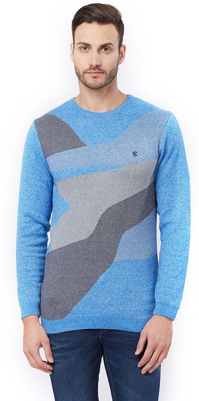 Men Printed Round Neck Blue Sweater