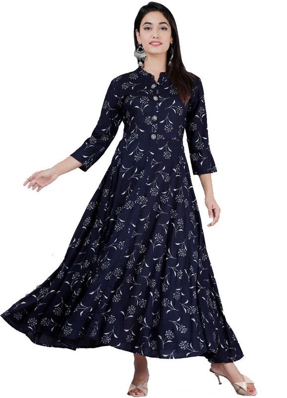 Printed Rayon Blend Stitched Straight Gown  (Blue)