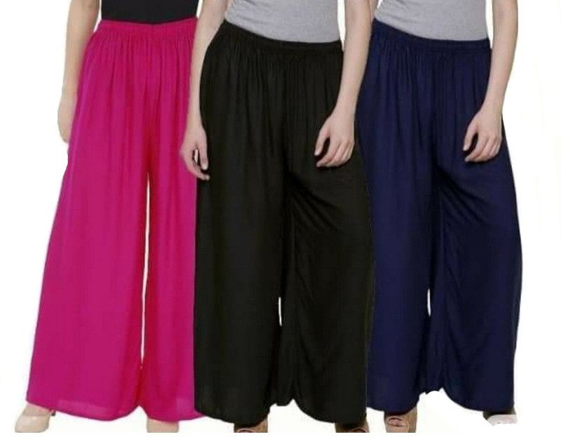 Pack of 3 Women Flared Dark Blue, Pink, Black Viscose Rayon Trousers