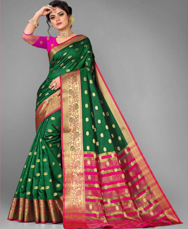 Self Design, Embroidered, Paisley, Woven, Embellished, Dyed Banarasi Jacquard, Cotton Silk Saree  (Dark Green)