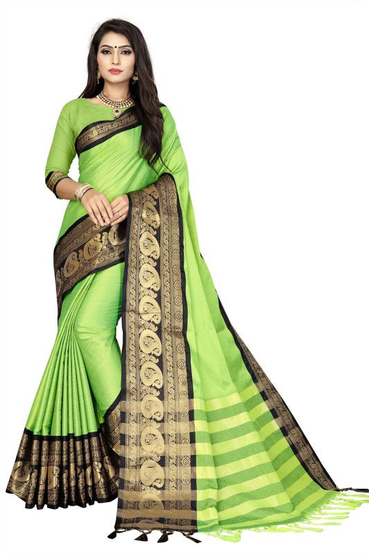 Woven Bollywood Pure Cotton Saree  (Green)