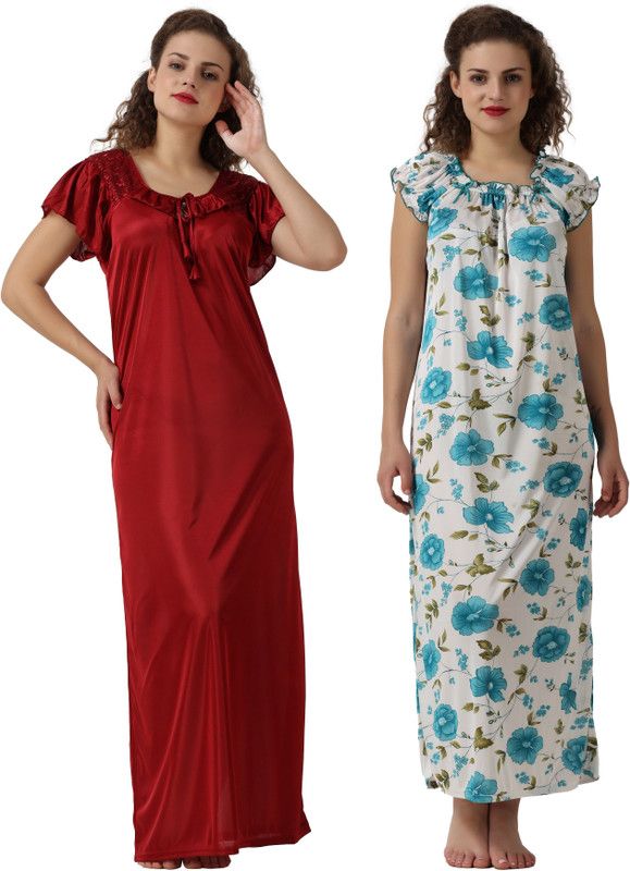 Pack of 2 Women Nighty Set  (White, Maroon)