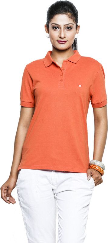 Spring Summer Women Solid Polo Neck Polyester Orange T-Shirt