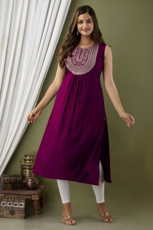 Women Embroidered Cotton Rayon Straight Kurta  (Purple)