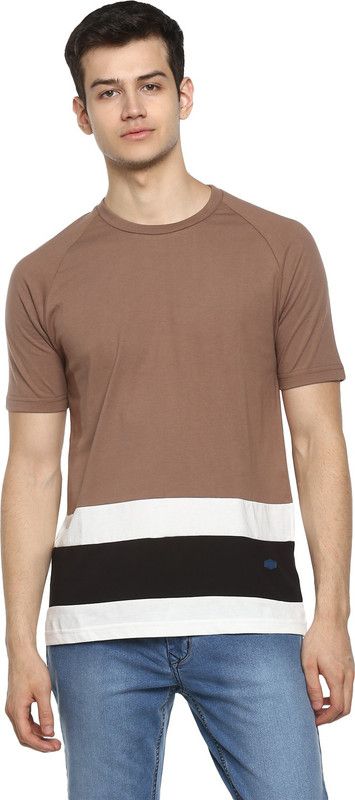 Men Colorblock Round Neck Pure Cotton Black T-Shirt